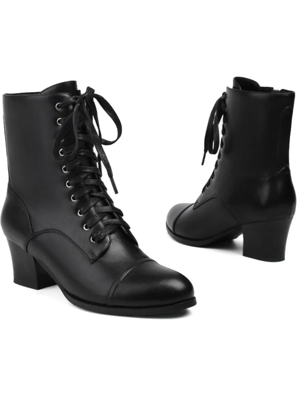 Chic Women's Victorian Lace-Up Ankle Boots with Side Zipper & Chunky Mid Heel